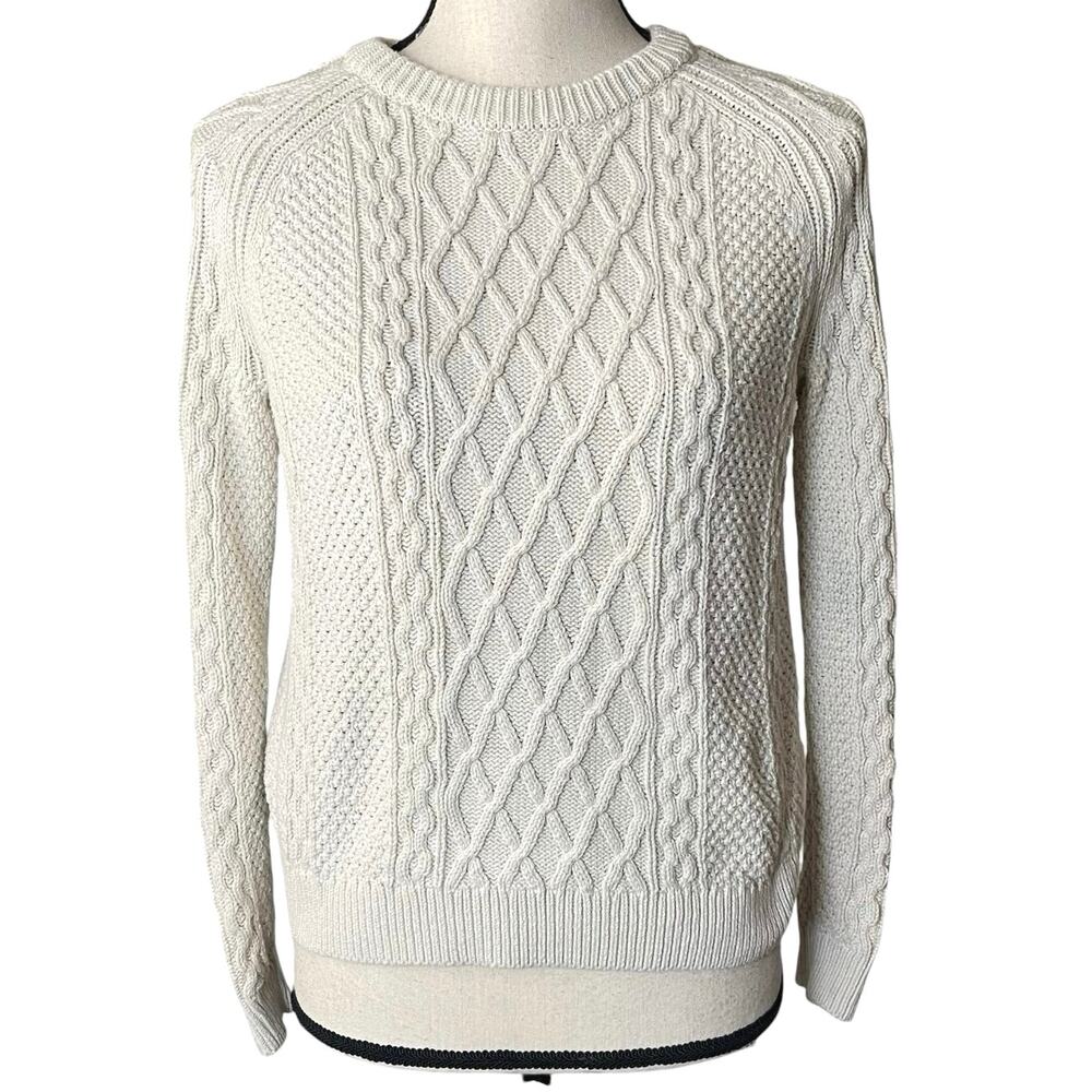 J. Crew Factory Cable Knit Crewneck Fisherman Sweater XS Ivory Old Money Preppy